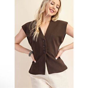 NWT Brown Structured V-Neck Button Vest Top | Minimalist Chic